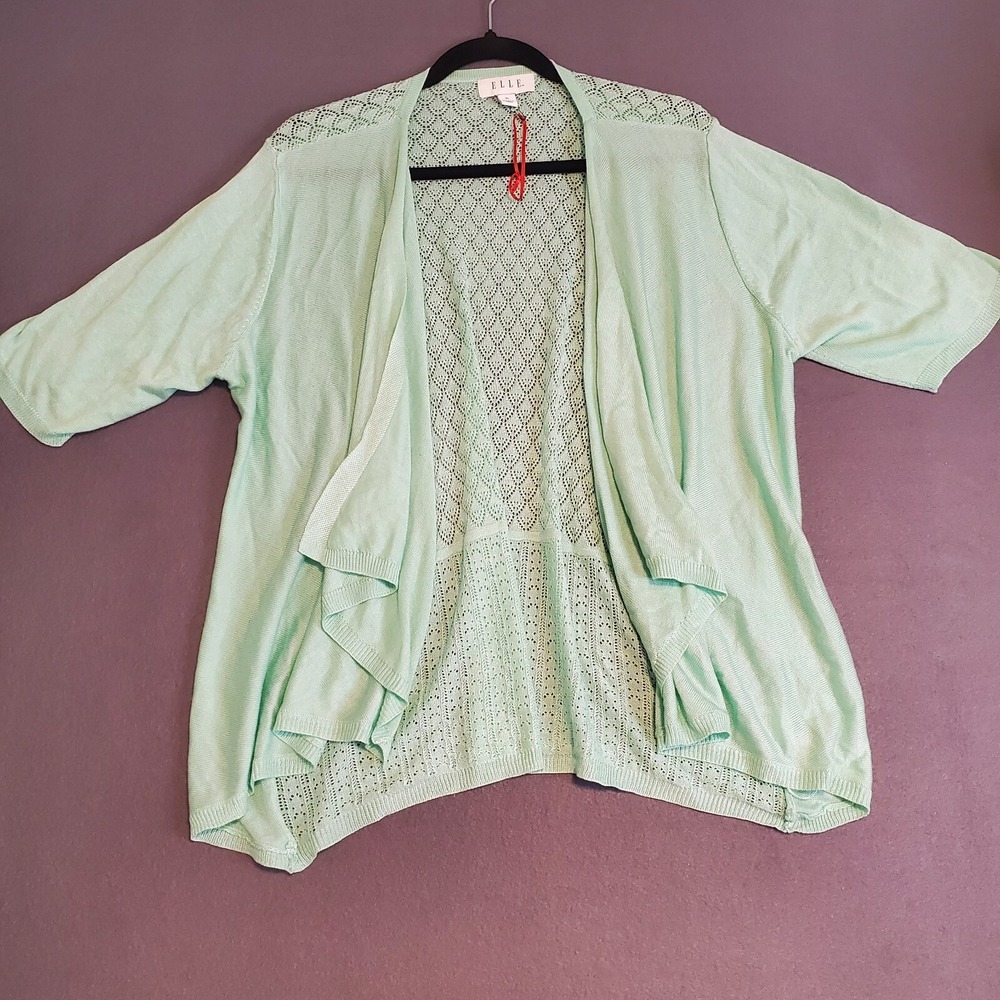 ELLE Mint Green Lightweight Kimono Cardigan Sweater Knit Lace Back XL 1/2 Sleeve